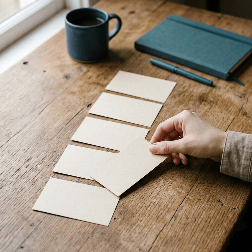 Hand arranging blank cards on a wooden desk beside coffee and notebook